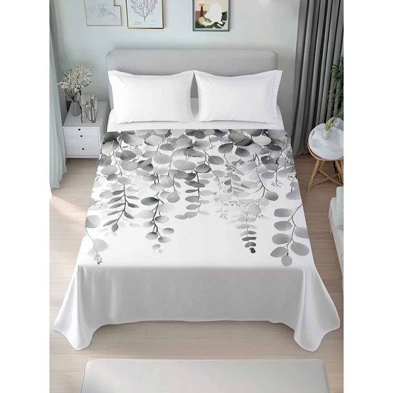 Eucalyptus Grey Full Size Flat Sheet, Wrinkleproof & Fadeproof Cooling Flat Bed Sheet Only, Farmhouse Leaves Summer Spring Leaf Breathable Soft Bedding Top Sheets 81 x 96 Inches