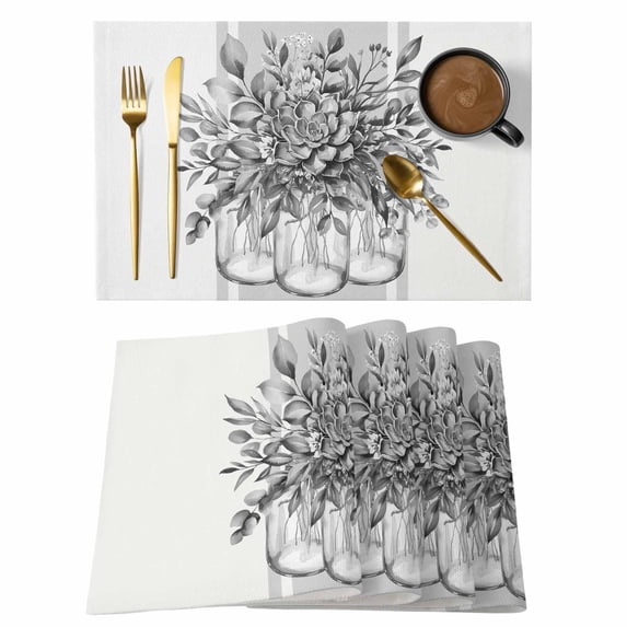 Eucalyptus Grey Placemats Set of 12, Vintage Bottle Succulents Flower Stripes Placemats for Dining Table, Place Mats for Kitchen Tabletop, Waterproof Wipeable Dining Table Mats Set