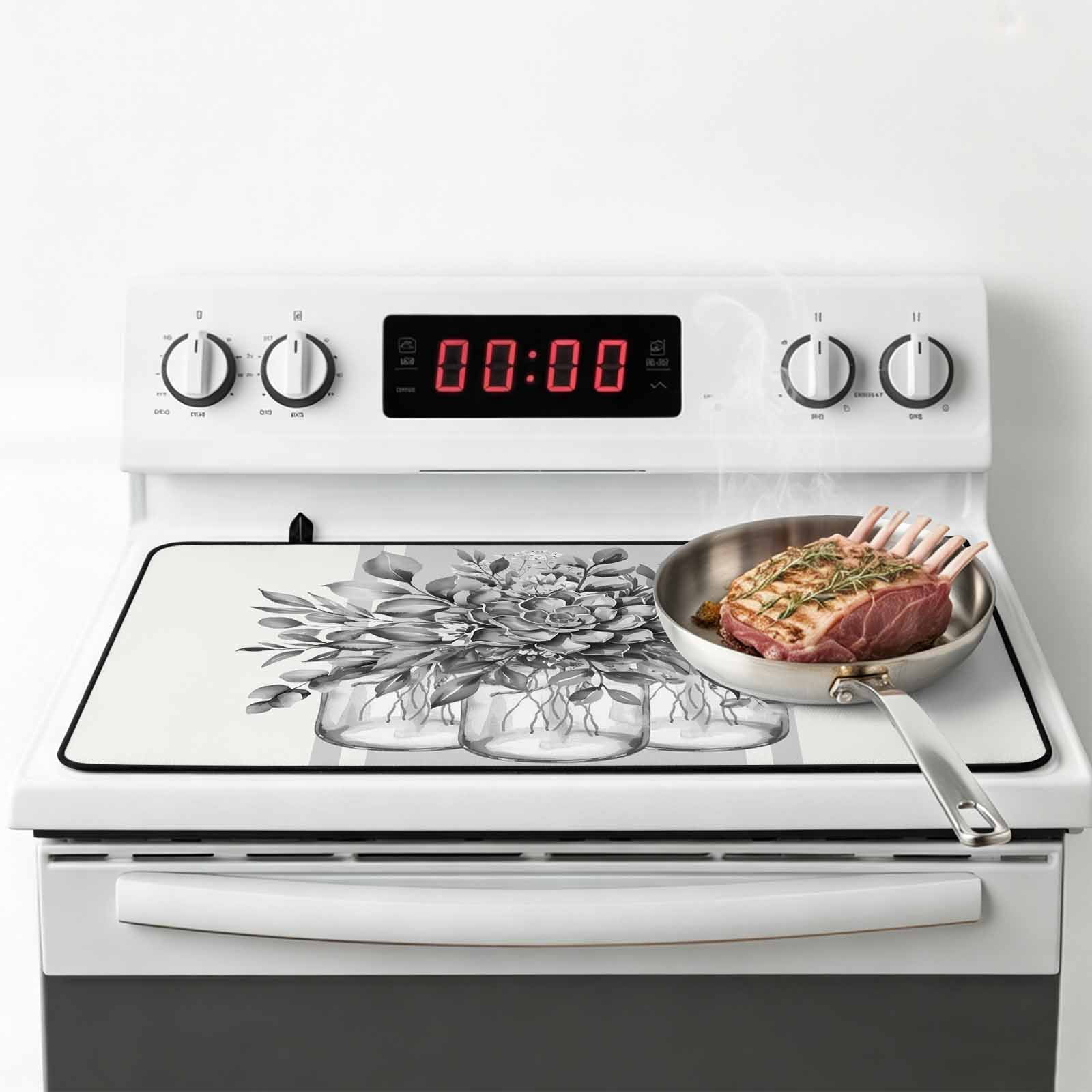 Eucalyptus Grey Stove Top Cover for Electric Stove, Heat-proof & Non Slip Glass Top Stove Cover Protector, Vintage Bottle Succulents Flower Stripes Kitchen Flat Cooktop Rubber Mat 28.5x20.5 Inches