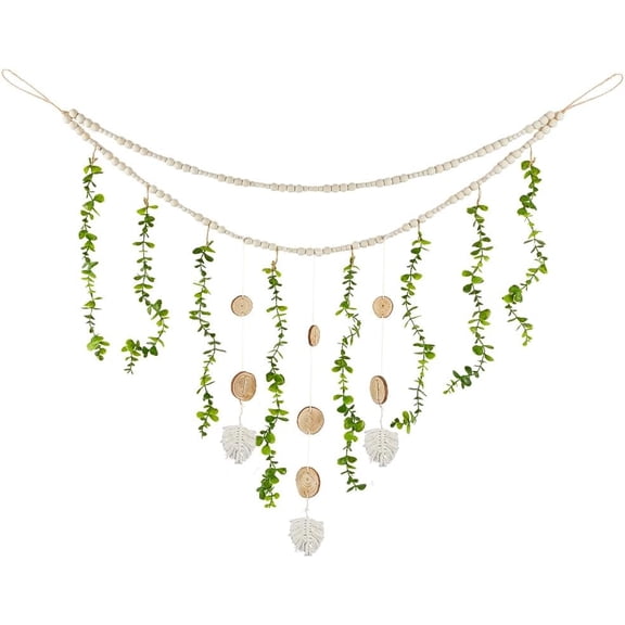 Eucalyptus Hanging Garland 46 x 32 Inch Artificial Large Boho Rustic Natural Green Plants Leaf Wooden Beads Hanging Decoration with Tassel for Home Nursery Farmhouse Decor Green
