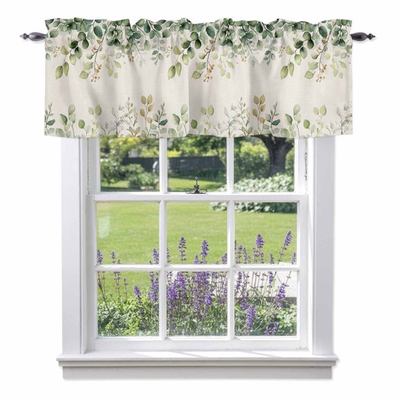 Eucalyptus Kitchen Curtain Valances for Windows Farmhouse Short Curtains, Rustic Chic Greenery Plant Round Weeping Leaf Rod Pocket Valance Curtain for Bedroom Cafe Living Room