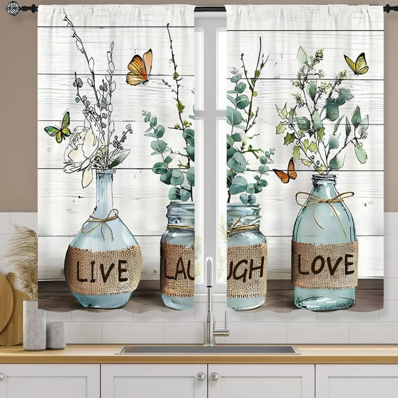 Eucalyptus Kitchen Curtains 27.5W X 36L Inch 2 Panels Rod Pocket Farmhouse Rustic Botanical Vintage Green Leaf Small Cafe Curtain Plant Bottle Wood Window Drapes Treatment Bathroom Home Decor