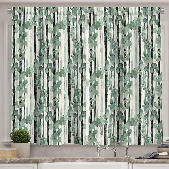 Eucalyptus Kitchen Curtains, Art Modern Oil Paint Print of Leaves with Brushstroke Vertical Stripes, Window Drapes 2 Panel Set for Kitchen Cafe Decor, 55" x 36", Sage Green Evergreen