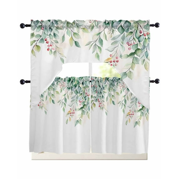 Eucalyptus Kitchen Curtains Sets 24 Inch Length with Valance, Retro Green Spring Botanical Leaf Red Fruit Swag Valances and Tiers Curtain Set Drapes Swag Curtains for Living Room, Bathroom, Bedroom