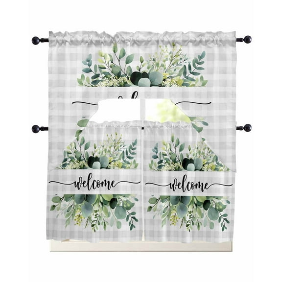 Eucalyptus Kitchen Curtains Sets 24 Inch Length with Valance, Sage Green Botanical Flower Plaid Check Swag Valances and Tiers Curtain Set Drapes Swag Curtains for Living Room, Bathroom, Bedroom, Cafe