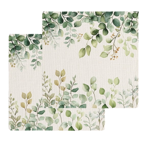 Eucalyptus Kitchen Dish Towels for Drying Dishes Set of 2, Rustic Chic Greenery Plant Round Weeping Leaf Waffle Weave Microfiber Hand Tea Bathroom Towels Quick Dry & Absorbent Towel 12x12