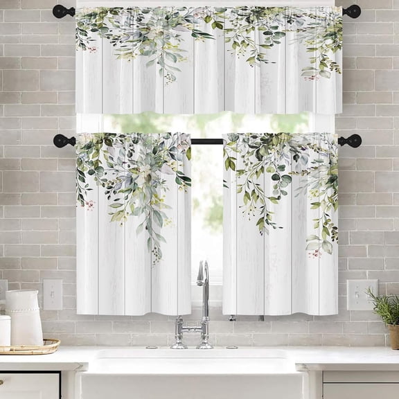 Eucalyptus Kitchen Window Curtains Valance and Tier Set 36 Inch, Rustic Botanical Sage Green Leaf 3 Piece Window Treatment Tiers Kitchen Decor Country White Wooden Wood Plank Rod Pocket Drapes