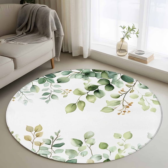 Eucalyptus Leaf 4FT Round Area Rugs for Living Room Green Plant Farm Country Ultra-Thin Non-Slip Round Rugs Machine Washable Low Pile Circle Carpet for Bedroom Kitchen Nursery