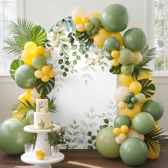 Eucalyptus Leaf Arch Backdrop Cover, 5FT, Sage Green Leaves Branch Abstract Art Spandex Arch Covers Double-Sided Backdrop for Wedding Birthday Party Photo Background Decoration