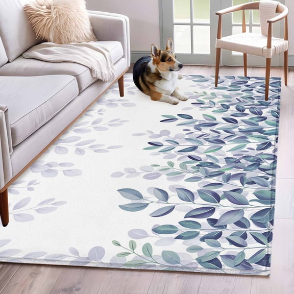 Eucalyptus Leaf Area Rugs 3x5 ft Spring Gradient Teal Blue Watercolor Leaves Washable Rug Non Slip Indoor Carpet Absorbent Floor Mat for Living Room Bedroom Dining Room