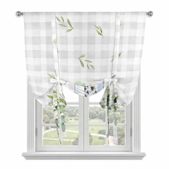 Eucalyptus Leaf Balloon Curtains 63 Inch Length for Living Room/Bedroom, Green Plants Farmhouse Grey Plaid Country Rod Pocket Privacy Door Curtains Decorative Tie Up Shade for Window 52"x63"