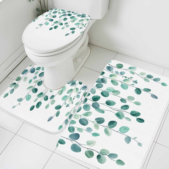 Eucalyptus Leaf Bathroom Rugs Set Spring Sage Green Eucalyptus Plants Leaves Vintage Non Slip Absorbent Soft Bath Mats 3 Piece Set with Bathroom Rug, U-Shaped Floor Mat, Toilet Seat Cover Large Size