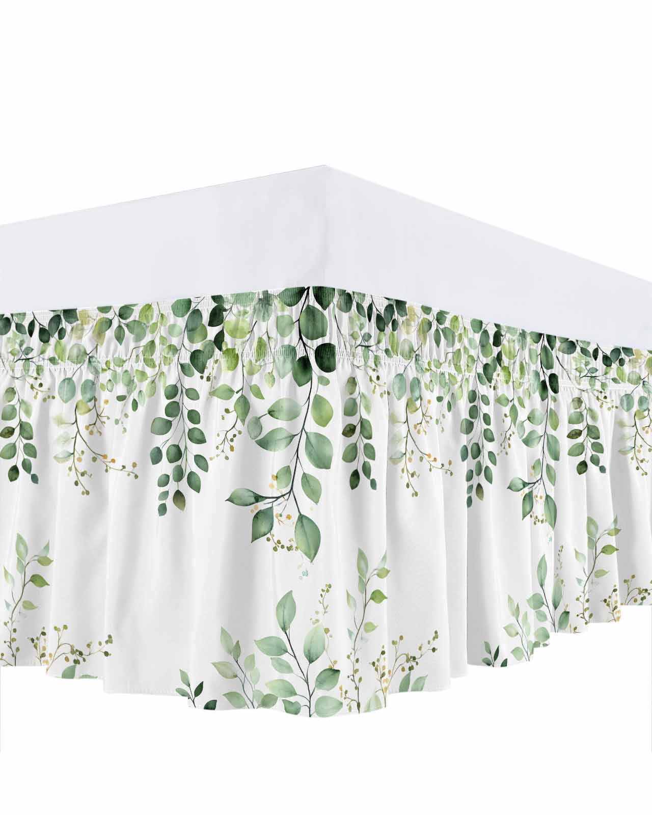 Eucalyptus Leaf Bed Skirt Country Green Plant Farmhouse Bed Skirts Queen Size 18 Inch Drop, Wrap Around Dust Ruffle&nbsp;Bedskirt with Adjustable Elastic Belt for Queen Size Beds