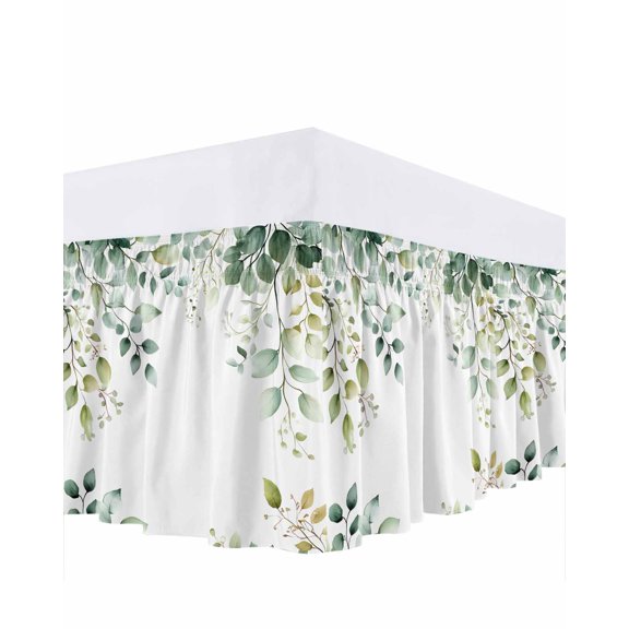 Eucalyptus Leaf Bed Skirt King Size 16" Drop Country Green Plant Ruffled Wrap Around Bed Skirts Adjustable Elastic Bedskirt Dust Ruffle for King Size Bed