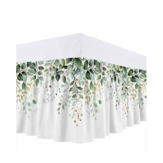 Eucalyptus Leaf Bed Skirt King Size 16" Drop Watercolor Green Plant Farm Ruffled Wrap Around Bed Skirts Adjustable Elastic Bedskirt Dust Ruffle for King Size Bed