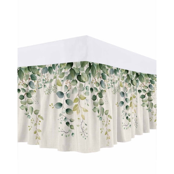 Eucalyptus Leaf Bed Skirt King Size 18" Drop Country Green Plant Linen Texture Ruffled Wrap Around Bed Skirts Adjustable Elastic Bedskirt Dust Ruffle for King Size Bed