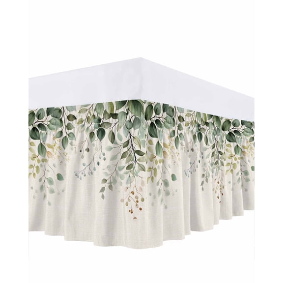 Eucalyptus Leaf Bed Skirt King Size 18" Drop Country Plant Linen Texture Ruffled Wrap Around Bed Skirts Adjustable Elastic Bedskirt Dust Ruffle for King Size Bed