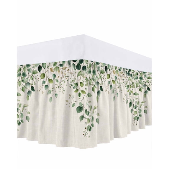 Eucalyptus Leaf Bed Skirt Queen Size, Watercolor Green Plant Vintage Country Wrap Around Bed Skirting with Adjustable Elastic Strap, Dust Ruffle Pleated Bedskirts 18 Inch Drop for Bedroom Queen Beds