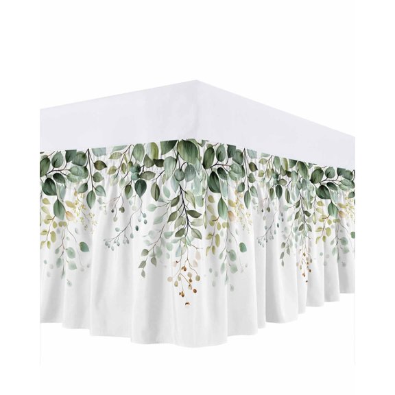 Eucalyptus Leaf Bed Skirt Watercolor Green Plant Farm Bed Skirts Queen Size 18 Inch Drop, Wrap Around Dust Ruffle&nbsp;Bedskirt with Adjustable Elastic Belt for Queen Size Beds