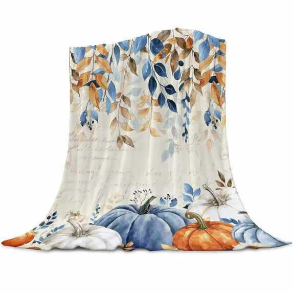 Eucalyptus Leaf Blue Orange White Pumpkin Fall Flannel Blanket for Bed,Travel and Camping, Super Soft Cozy Blanket for All Seasons 40"x60"