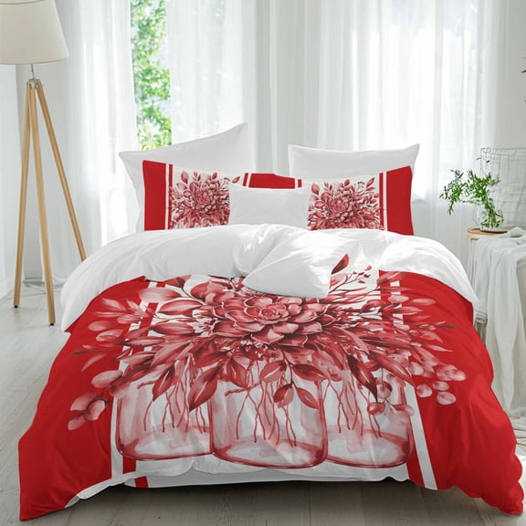 Eucalyptus Leaf Bottle Queen Size Comforter Set, Watercolor Floral Plant Red Stripes Bedding for All Seasons, 4 Pcs Bed Set, 1Quiltcover (90"x92") ,1Sheet(94"x116"), 2Pillowcases (30"x20")