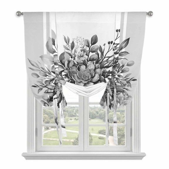 Eucalyptus Leaf Bottle Tie Up Curtain for Window, Watercolor Floral Plant Adjustable Tie Up Balloon Curtain Valances Rod Pocket Window Treatment for Kitchen Bathroom Bedroom 42"x54"