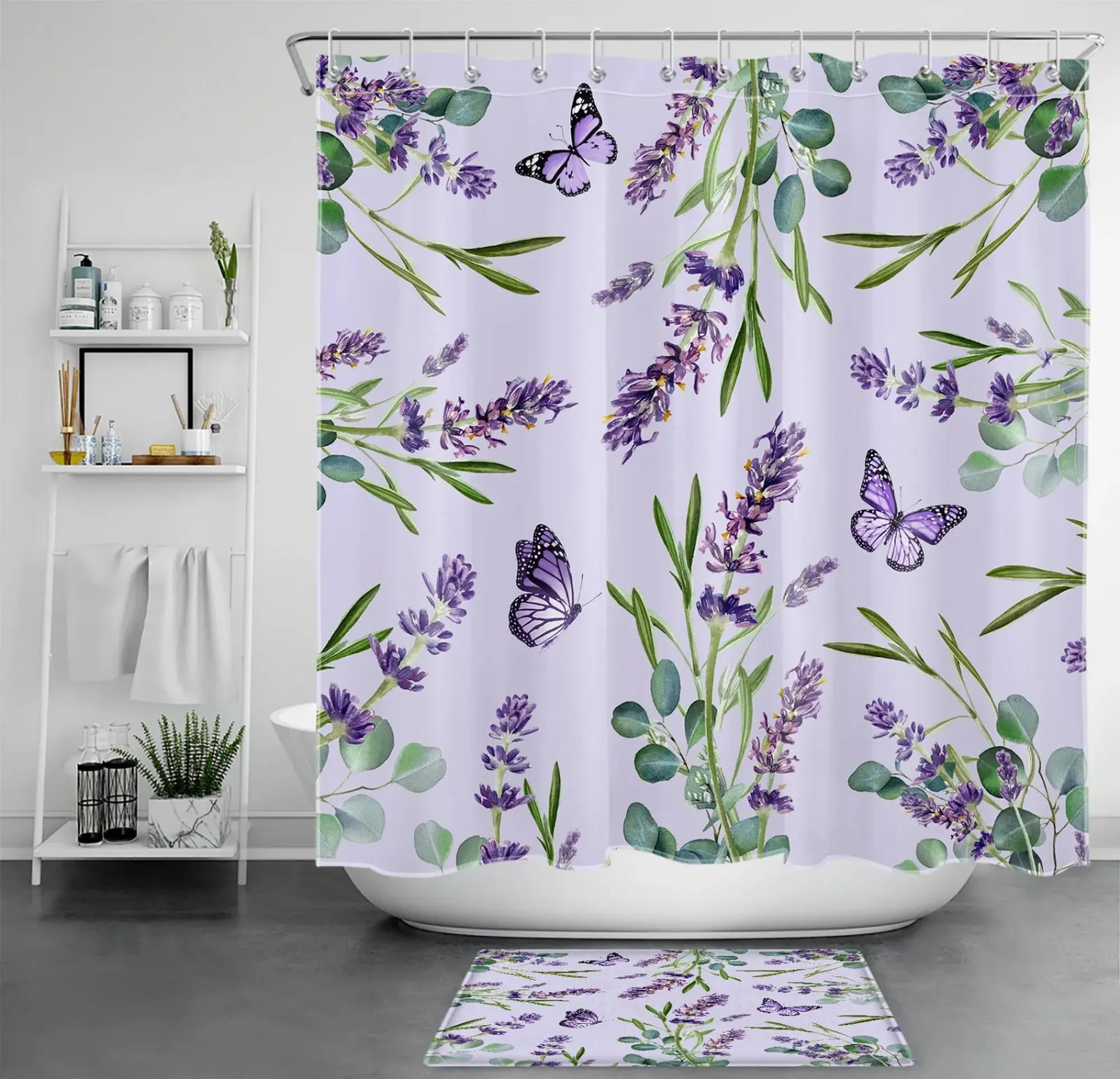 Eucalyptus Leaf Butterfly Purple Lavender Shower Curtain Set for