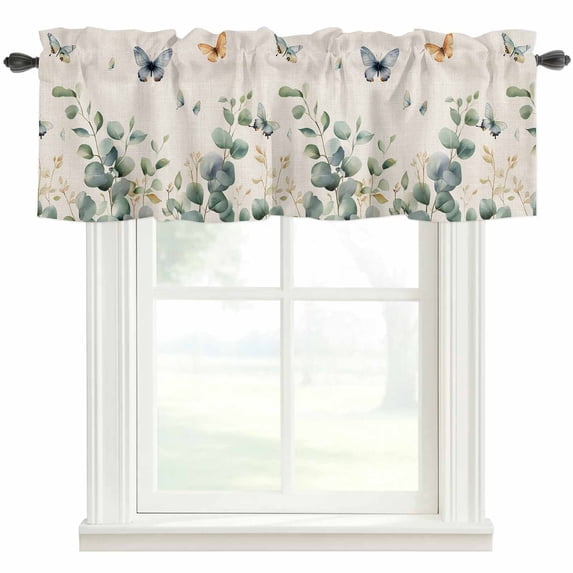 Eucalyptus Leaf Butterfly Window Valance Curtain Vintage Leaf Plant Rod Pocket Short Curtain for Living Room, Bedroom & Kitchen Window Decor 42x12in