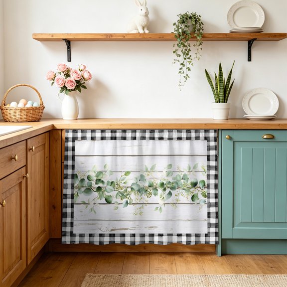 Eucalyptus Leaf Cabinet Curtains 10" W x 11" L, Spring Green Leaf Wood Grain Black Plaid Under-Desk Privacy Dust Proof Drape Dishwasher Curtain Sink Skirt for Kitchen Closet Bathroom Laundry