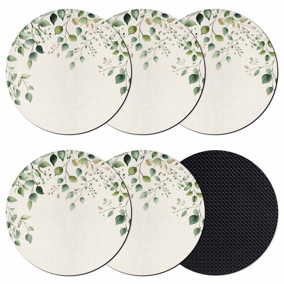 Eucalyptus Leaf Coasters Set of 6, Soft Absorbent Coasters for Drinks, Watercolor Green Plant Vintage Country Non-Slip Cup Coaster Mat with Rubber Bottom for Home Kitchen Coffee Bar Table Decor 4"