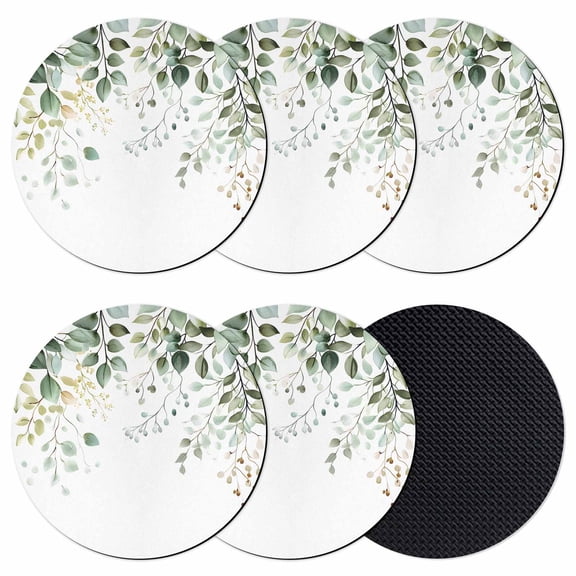 Eucalyptus Leaf Coasters Set of 6, Weeping Green Botanical Summer Absorbent Coasters for Drinks, Coaster for Bar Office Dining Coffee Table Accessories Decor, Non Slip Round Desk Coaster