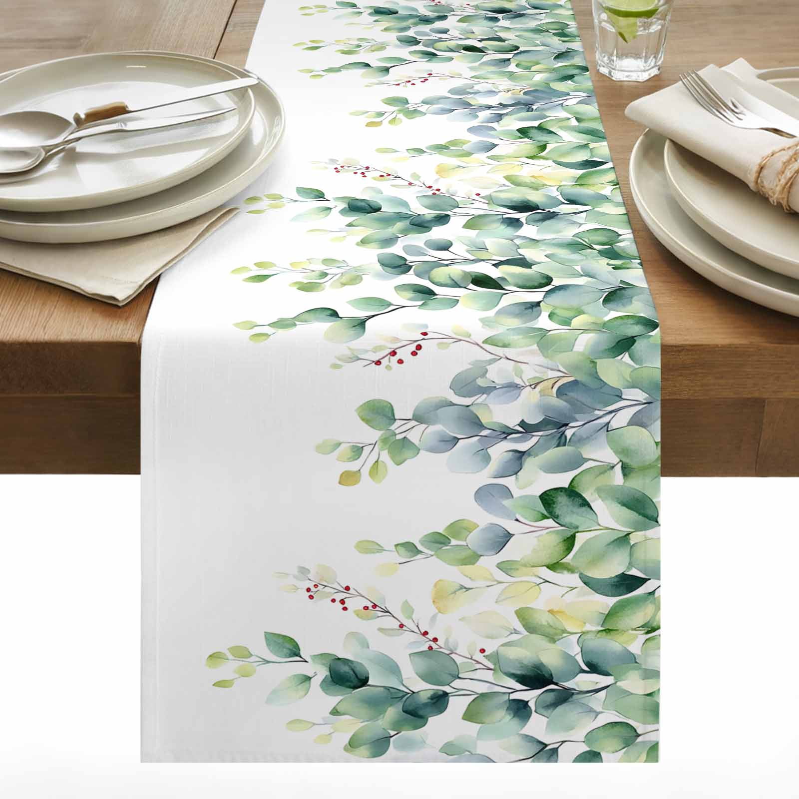 Eucalyptus Leaf Cotton Linen Table Runner Spring Green Plant Rustic ...