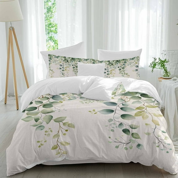 Eucalyptus Leaf Duvet Cover Set Queen Size, Country Green Plant Linen Texture 4 Piece Soft Microfiber Bedding Set with 1 Duvet Cover, 1 Flat Sheet, 2 Pillowcases