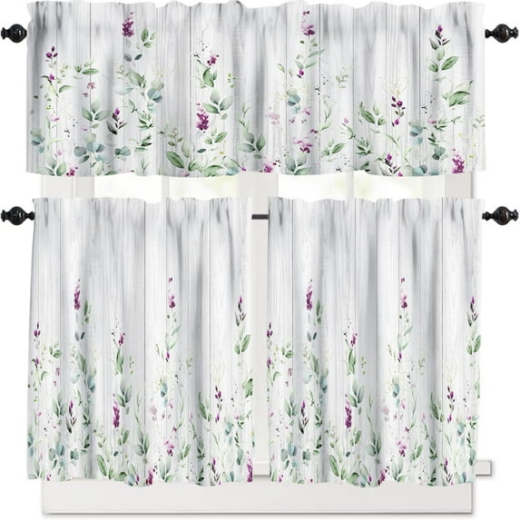 Eucalyptus Leaf Floral Kitchen Curtain Set, Wildflower Wooden Board Spring Farmhouse Watercolor Botanical Window Valances and Tier Set for Home Living Room 54''x18'' & 27''x36''x2, 3 Panels