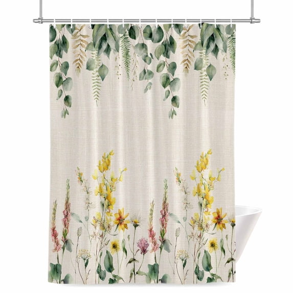 Eucalyptus Leaf Floral Shower Curtain, Vintage Yellow Pink Flower Old Green Plant Linen Texture Waterproof Shower Curtain Set with 12 Hooks Lightweight Bath Curtains Fabric Bath Decor 48x72 Inches