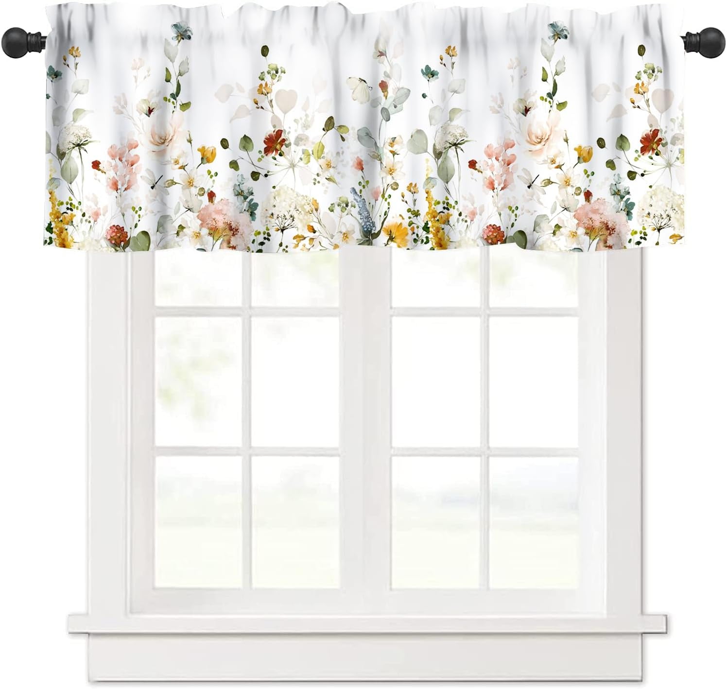 Blue Eucalyptus Leaves Window Valance - 42x12 Inch, Rod Pocket, Light Filtering, Watercolor Botanical Curtain For Kitchen, Bathroom
