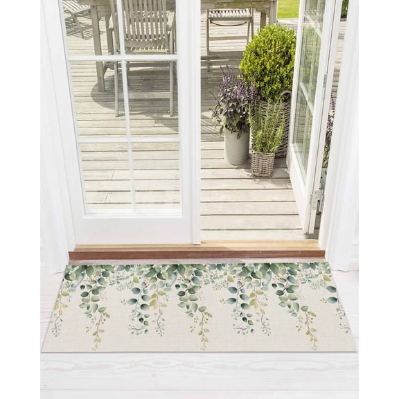 Eucalyptus Leaf Front Door Mat Country Green Plant Linen Texture Welcome Doormat Indoor Outdoor Entrance Floor Mat Non-Slip Washable Runner Rug for Front Porch Decor 24x71 Inch