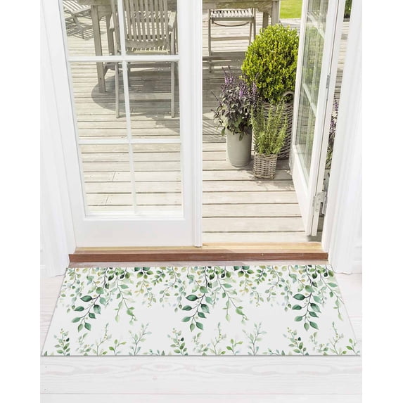 Eucalyptus Leaf Front Door Mat Watercolor Green Plant Country Welcome Doormat Indoor Outdoor Entrance Floor Mat Non-Slip Washable Runner Rug for Front Porch Decor 20x63 Inch