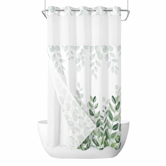 Eucalyptus Leaf No Hook Shower Curtain with Snap in Liner Spring Gradient Sage Green Watercolor Leaves Waterproof Bathroom Shower Curtain with See Through Top Window for Bathtub 36" x 72"