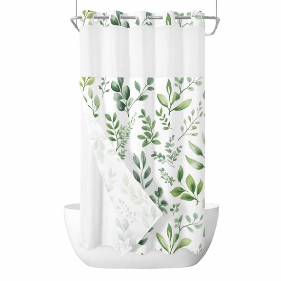 Eucalyptus Leaf No Hooks Shower Curtain with Snap-in Liner Watercolor Spring Summer Country Green Leaf Shower Curtains for Bathroom, Waterproof, Easy Install, Washable 36"x72"
