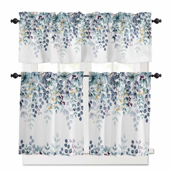 Eucalyptus Leaf Kitchen Curtains Valances and Tiers Set of 3, 24 Inch Length Tier Curtains and Valance Rod Pocket Valance Curtains Set for Kitchen Bathroom Small Windows