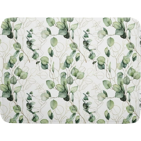 Eucalyptus Leaf Kitchen Drying Mats 18x24 Inches, Green and Gold Botanical Sage Leaves Print Super Absorbent Dish Rack Mat Drainer Pad Washable, Quick Drying