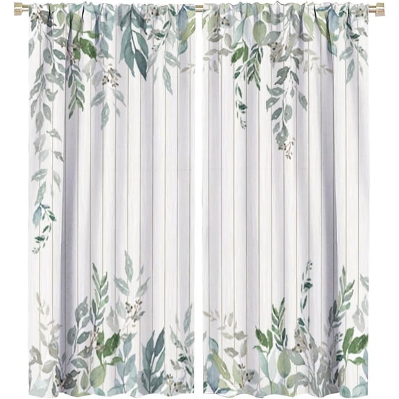 Eucalyptus Leaf Kitchen Window Curtains, Spring Sage Green Farmhouse Leaves Watercolor Botanical Plants Window Treatments Drapes for Bedroom Living Room 84x84in