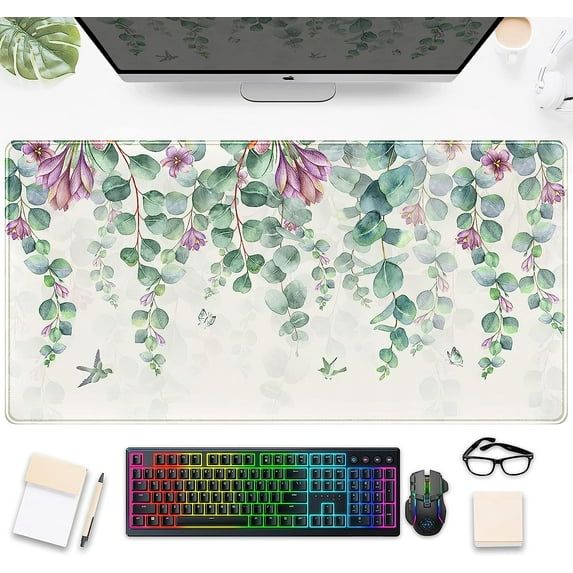 Eucalyptus Leaf Large Mouse Pad Watercolor Flowers Mouse Pad XXL Green Red Leaves Desk Mat 31.5x15.7 Inch,Spring/Summer Extended Keyboard Mat with Precision Stitched Edges and Non-Slip Rubber Base
