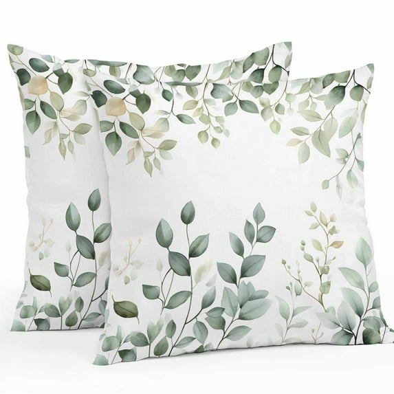 Eucalyptus Leaf Outdoor Pillow Covers Pack of 2 Country Watercolor Green Plant Waterproof Throw Pillow Covers Decorative Cushion Cases for Patio Garden Tent Balcony Couch 24x24 inch