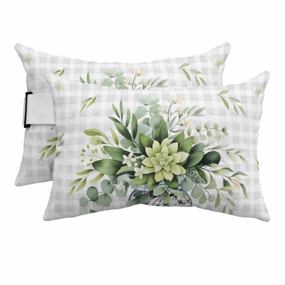 Eucalyptus Leaf Outdoor Pillows for Chaise Lounge Chair Beach Headrest Pillow Set of 2 Waterproof Lumbar Pillows with Insert Green Plants Farmhouse Grey Plaid Country Pillow for Patio Pool 12"x20"