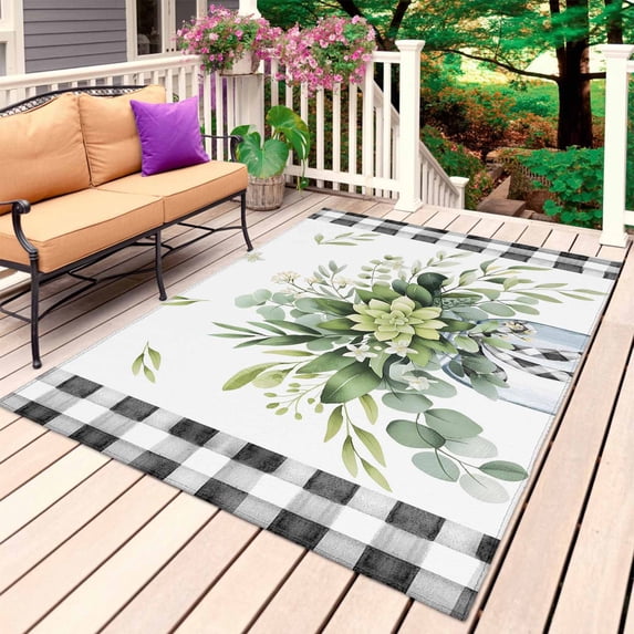 Eucalyptus Leaf Outdoor Rug 5x8 Ft, Non Slip Washable Area Rug, Farmhouse Buffalo Plaid Green Botanical Patio Rugs Carpet Runner, Large Floor Mat for Indoor/Outdoor Deck Porch Camping