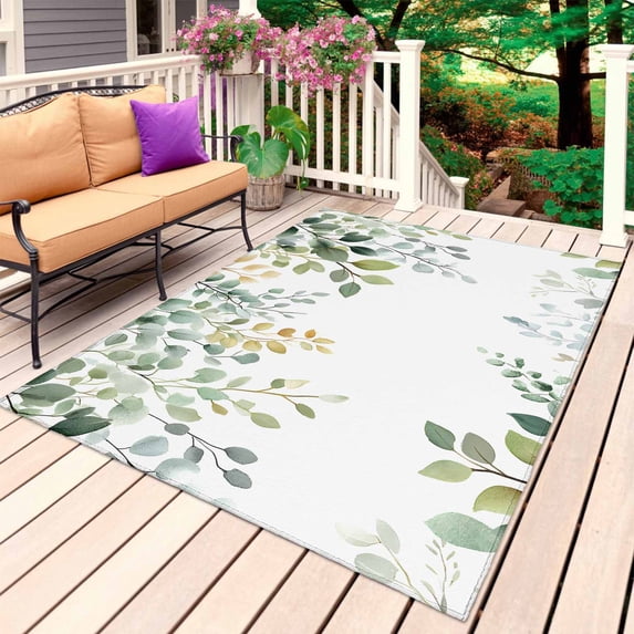 Eucalyptus Leaf Outdoor Rug for Patio/Deck/Porch, Non-Slip Large Area Rug 4 x 6 Ft, Sage Green Botanical Floral Spring Indoor Outdoor Rugs Washable Area Rugs, Reversible Camping Rug Carpet Runner
