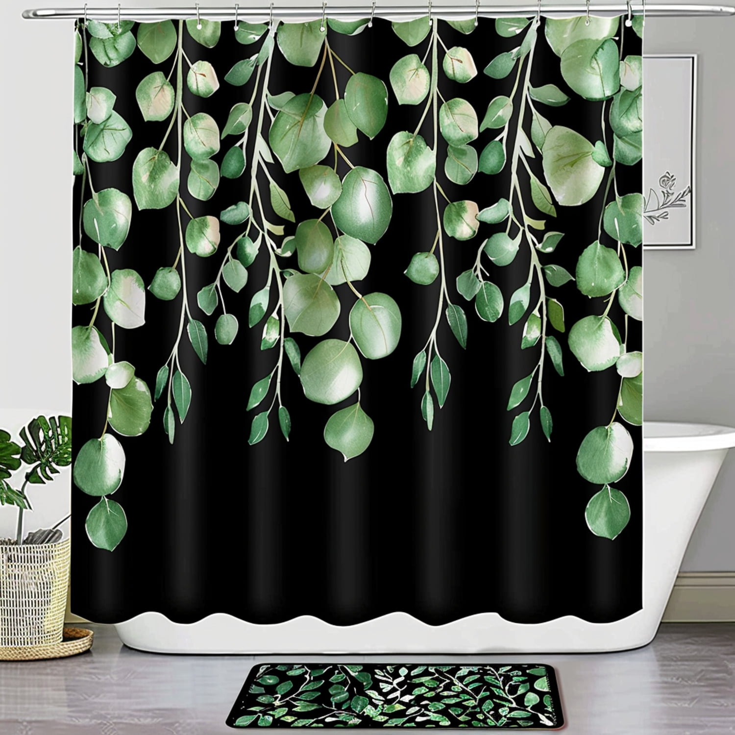 Eucalyptus Leaf Pattern Shower Curtain Set Black Background Green Leaves Bathroom Decor Includes