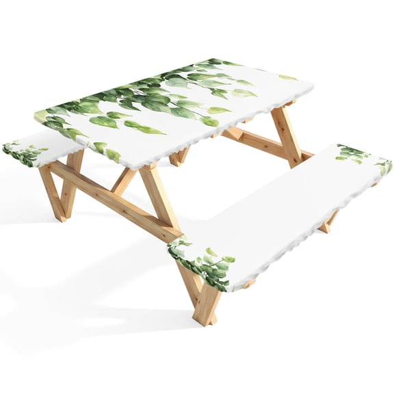 Eucalyptus Leaf Picnic Table Cover with Bench Covers Vintage Sage Green Leaves Country Waterproof Fitted Picnic Tablecloth 3 Pieces Set Table Cloth for Outdoor Camping Garden BBQ